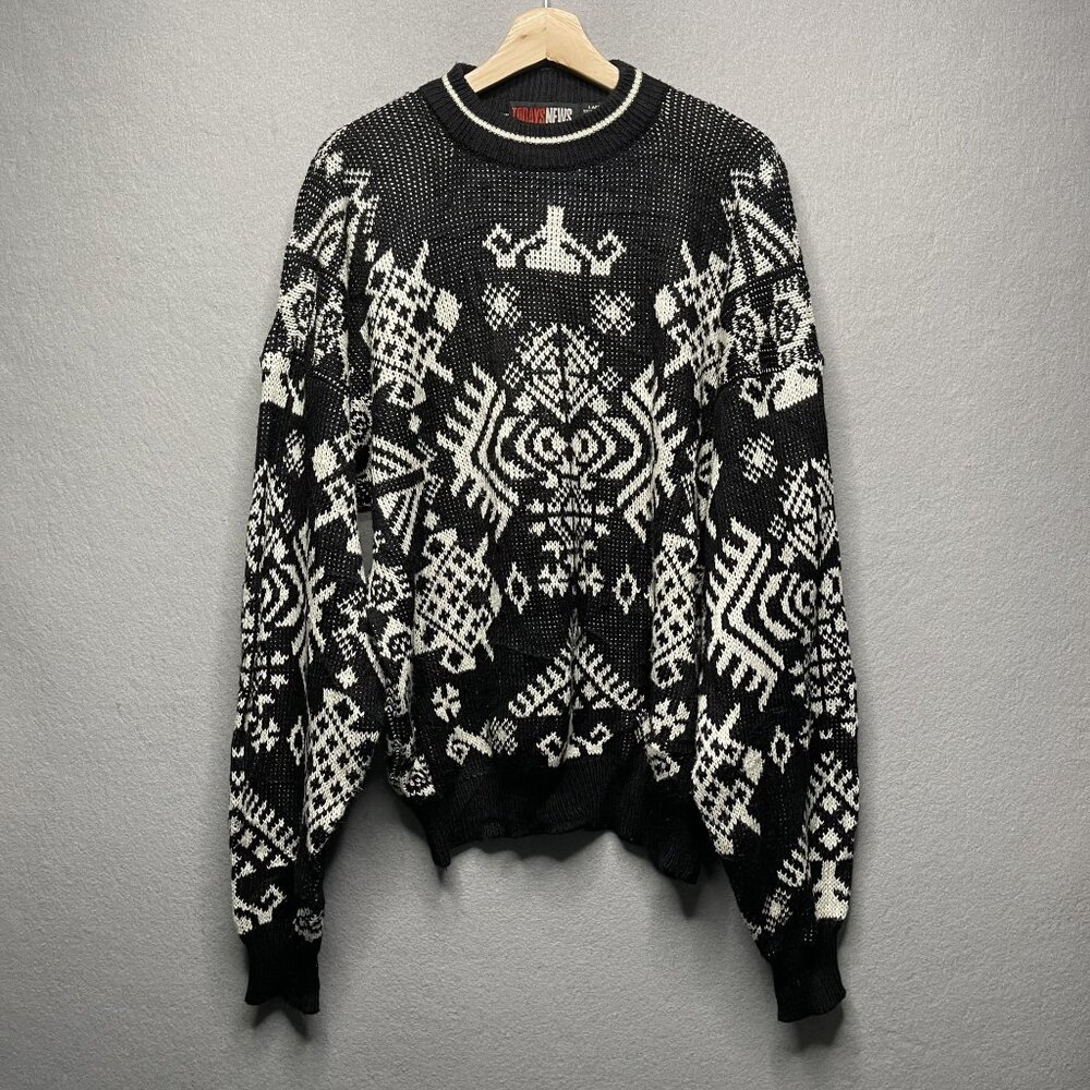 Vintage Todays News Black & White Southwestern Acrylic Sweater L